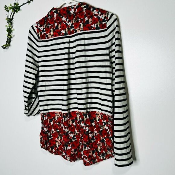Postmark Anthropologie Black White Stripe Red Poppy Floral Layered Top Blouse Bu - Picture 9 of 13